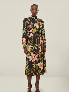 FARM Rio Black Midi Dress with Pink and Green Floral Print size Large